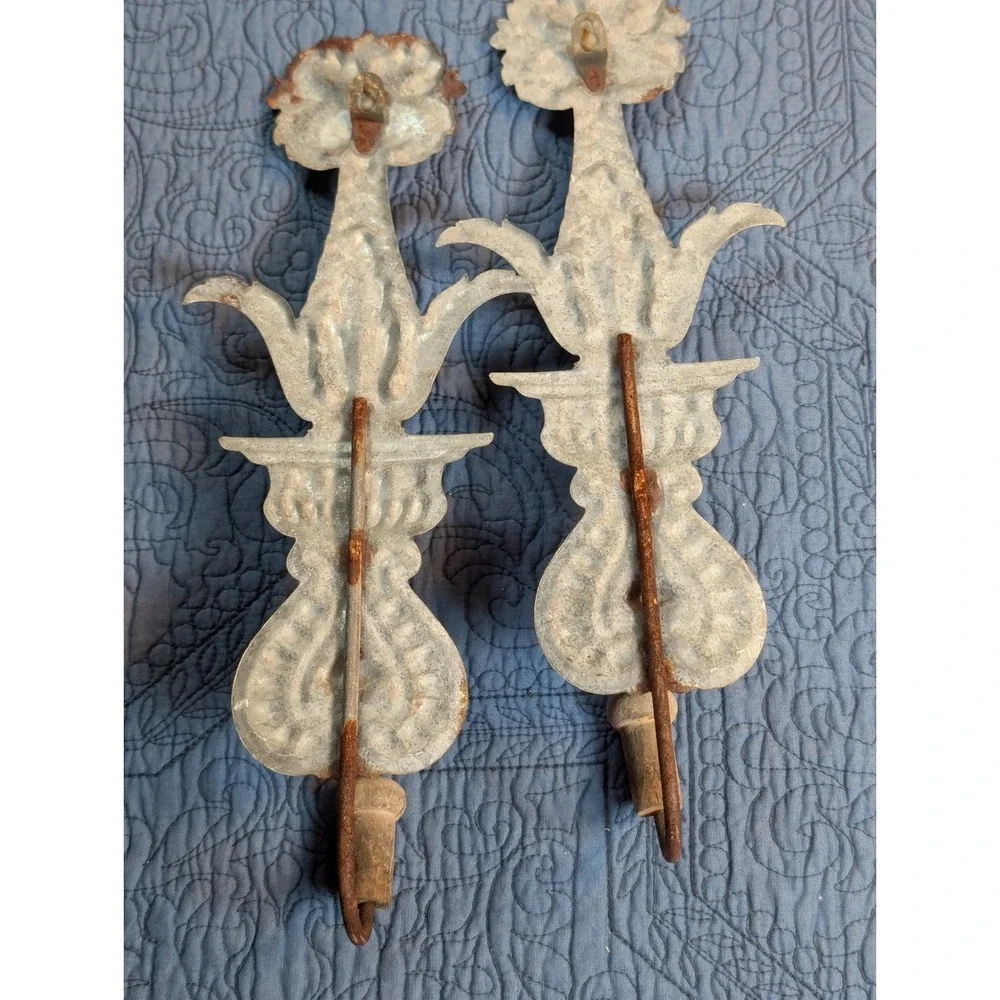 Vintage Embossed Tin Wall Hooks Pair Floral French Country Farmhouse Shabby Chic